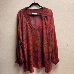 Weekend by Suzanne Betro 4X Plus Womens Red Tropical Leaf Smocked V Neck Blouse